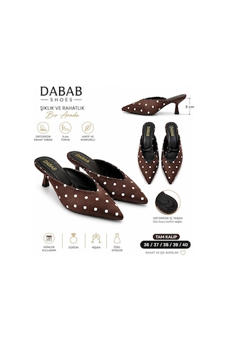 Dabab Shoes Sevılla Puantiye Desenli Acı Kahve Saten Sivri Burunlu 5 Cm İnce Topuklu Mule Terlik Kahverengi