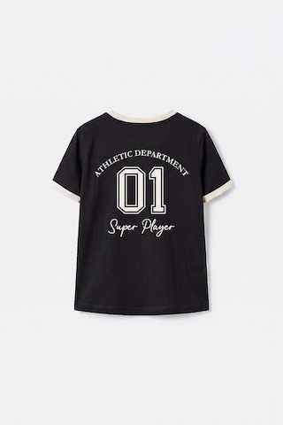 Siyah Omuz Biye Detaylı Baskılı Kız Çocuk T-shirt - 75181