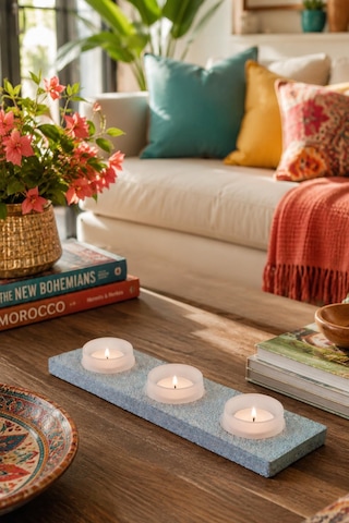 Ahşap Granit Dokulu Boyalı 3 Lü Tealight Mumluk Turkuaz