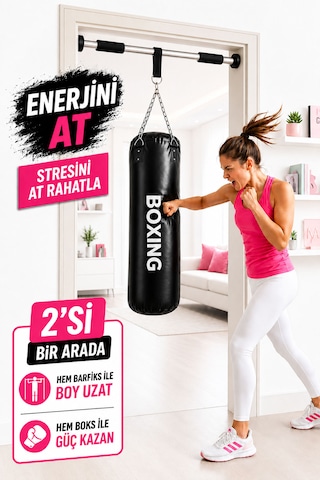 Spor Byfit 70 Cm Boks Torbası Ve Kapı Barfiks Demiri - 2 Si 1 Arada Siyah
