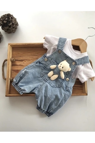 Bilge Trend Oyuncaklı Bebek Kot Salopet Tişört Takım Slopet T-shirt Takım Mavi