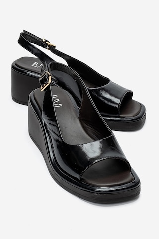Luvi Shoes Orlena Siyah Rugan Hakiki Deri Dolgu Topuklu Sandalet