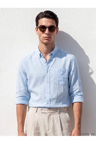 Lcwaıkıkı Classic Mavi Regular Fit Keten Karışımlı Erkek Gömlek