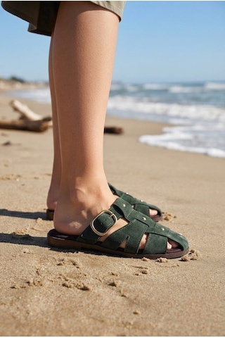 Shoetek Werra Kadın Terlik Çapraz Bantlı Tokalı Yeşil Süet