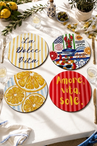 La Dolce Vita Supla 4'lü Supla Set Sicilya Temalı - 30 Cm, 3 Mm Mdf, Uv Baskı, Masa Sunumu Çok Renkli