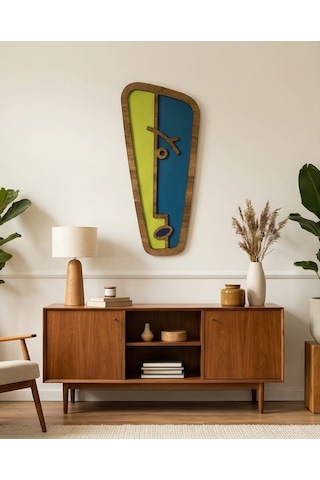Modern Picasso Tarzı Ahşap Duvar Mask Mdf - Mavi Yeşil Soyut Geometrik Yüz Dekoru 1
