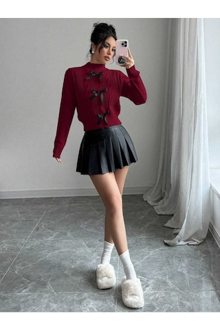 Sayzen Your Shine Örgülü Fiyonk Detaylı Triko Kazak Sy-2501-kzk Bordo