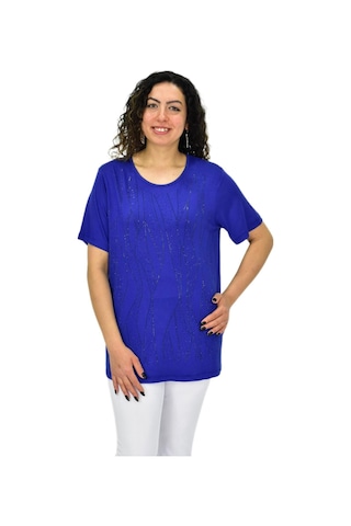 Kadın Viskon Taşlı Kısa Kol Bluz Bgl-st04679 Saks Mavi