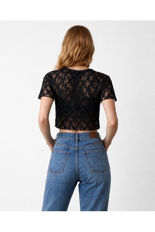 Dantel Crop Bluz Siyah