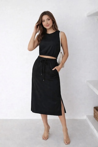Kadın Crop, Yırtmaçlı Midi Etek İkili Takım 2xl/3xl Siyah