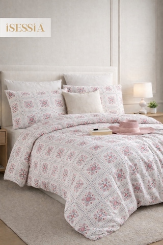 Mira Çift Kişilik Lastikli Çarşaflı Nevresim Takımı Beyaz - Çiçek - Motif
