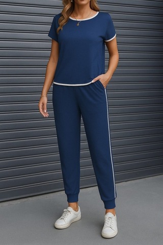 Supplierby Kadın Kısa Kollu Kayık Yaka Viskon Iki Iplik Bluz Ve Bağcıklı Pantolon Ikili Takım Lacivert