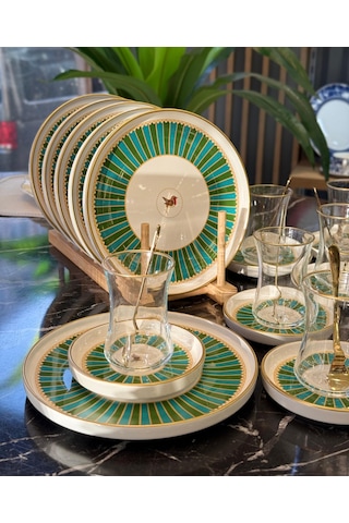 18 Parça Modern Piano Bird Green Pasta Çay Saati Seti-4347 Çok Renkli