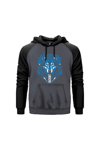 Mavi Soyut Çizgi Kurt Başı Baskılı Kırmızı Renk Reglan Kol Sweatshirt Kapşonlu