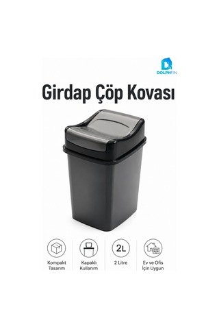 Girdap Kapaklı Çöp Kovası 2 Litre Siyah Kompakt Masaüstü Banyo Ofis Çöp Kutusu