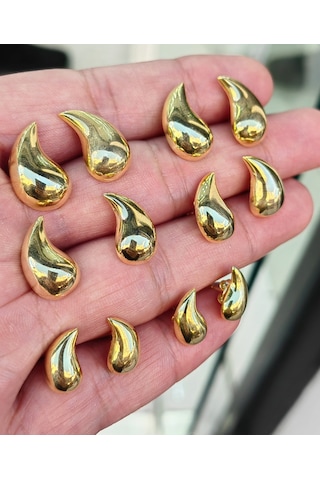 Taşsız Balon Damla Gümüş Küpe - Gold Renk Altın