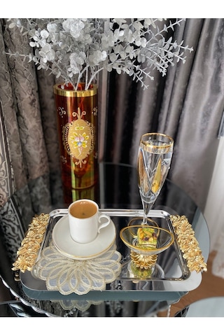 Atabey Home Collection 2'li Kahve & Çay & Sunum Dikdörtgen Büyük Sunum Tepsisi Çelik Gül Model Gold 30 Cm