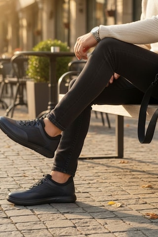 Enoch Hakiki Deri Lacivert Karma Dokulu Erkek Sneaker Ayakkabı Ortopedik Taban Lacivert