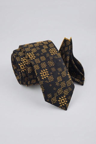 Milleniva Motif Desenli Siyah Gold Kravat & Mendil
