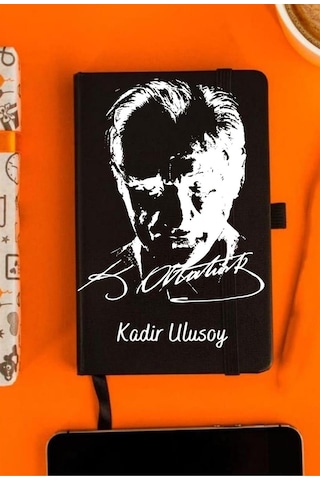Kişiye Özel Atatürk Tasarımlı Kupa Bardak Ve Not Defteri Hediye Seti Siyah