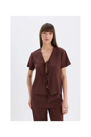 DeFacto Pijama Takımı Keten Kısa Kollu Üst Esnek Belli Alt-Fall in Love E3571AX25SPBN166