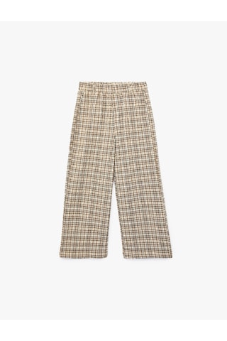 Koton Yüksek Bel Beli Lastikli Ekoseli Geniş Paça Pantolon Kahverengi Ekose 7wkg40038aw