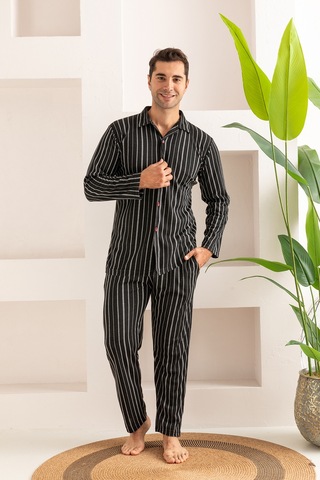 Erkek Jakarlı Düğmeli Pamuk Pijama Takımı- Çizgili Erkek Pijama Lacivert