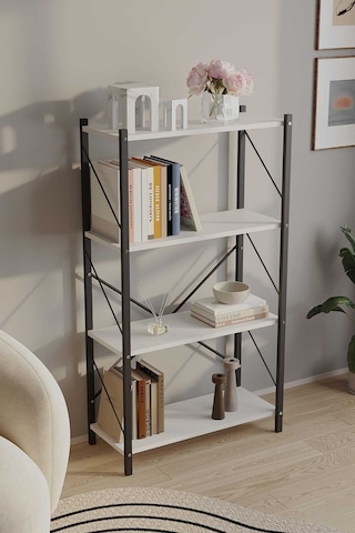 Dört Katli Çok Amaçli Rafli Kitaplik Syah Profil Beyaz Sunta 60x24x115 Cm Mtl017 Siyah-beyaz