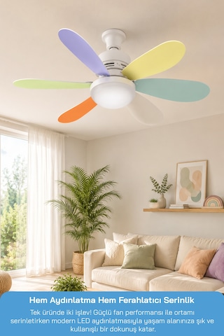 Sf-7708 3 Led Aydınlatmalı Sessiz Tavan Vantilatörü Kumandalı 6 Kanatlı