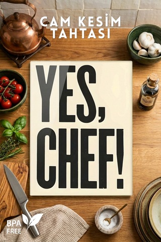 Yes, Chef Desenli Cam Kesim Tahtası - 25x35cm -dayanıklı Ve Pratik Kesim Matı Krem