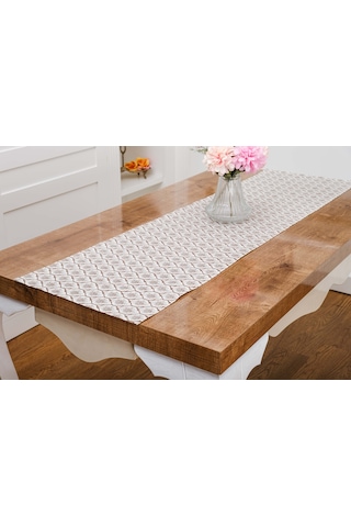 Finezza Melisa Damask Baskılı Duck Kumaş Kreme Kahve Runner 40x140 cm  - 1419