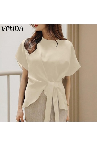Bej Vonda Yaz Kadın Kısa Kollu Bisiklet Yaka Tunik Üstleri Rahat Düz Renk Pilili Bluz T-shirt S-5xl