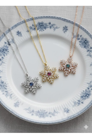925 Ayar Papatya Silver Doğum Taşlı Baget Kar Tanesi Kolye.rose.gold.rodaj Gümüş