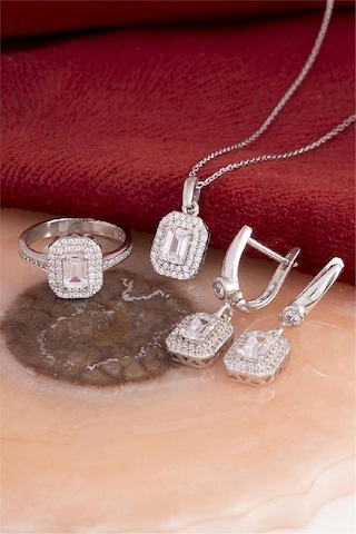 925 Ayar Gümüş Rodyumlu Zirkon Taşlı Sekizgen Baget Bayan Takı Seti -8233 Gümüş