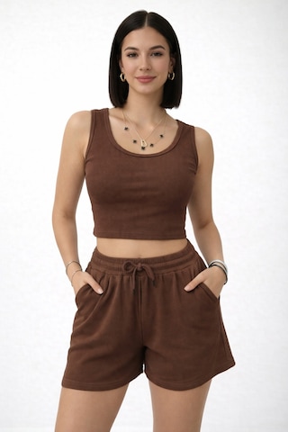 Trend Alisse Kadın Beli Lastikli Şort Crop Alt Üst İkili Takım Kahverengi
