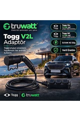 Truwatt V2l TOGG T10f Uyumlu 3 Çıkışlı Elektrikli Araç Adaptörü 220v 3 Metre