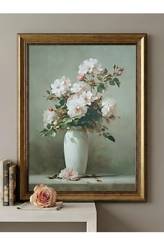 Gold Vintage Varaklı Büyük Boy 60x80 Çerçeveli Tablo Klasik Vazoda Beyaz Güller Çiçek Buketi Yağlı Boya Görünümlü 50x70cm Dokulu Baskı Dekoratif Lüks Salon Tablosu