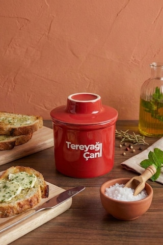 Çömlek - Seramik Tereyağı Saklama Kabı - Tereyağını Günlerce Taze Tutar - Ahşap Saplı Bıçak Hediyeli Kırmızı
