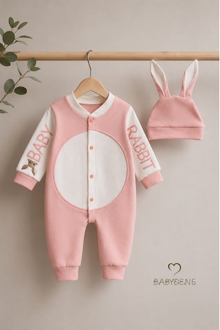 Babyden's Tavşan Kulaklı Yenidoğan Tulum Seti %100 Pamuklu Ayarlanır Ponponlu Unisex Bebek Tulum Şapka Set Pudra Pembe