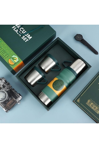 Thermohis 6158 Çelik Termos 3 Bardaklı Set Yeşil