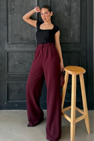 Madmext Bordo Çift Pileli Kemerli Pantolon Mg2330 Bordo