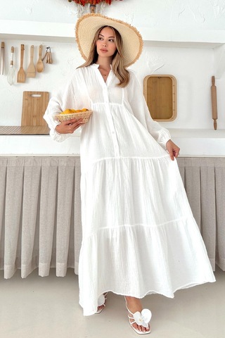 Olcay Yarasa Kol Düğme Detaylı Müslin Salaş Elbise Ekru 9330-e