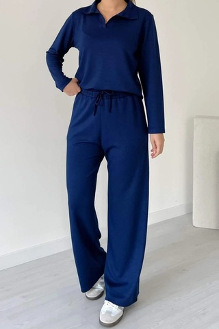 Balenbi Kadın Modal Kumaş Polo Yaka Uzun Kollu Takım 1126 Lacivert