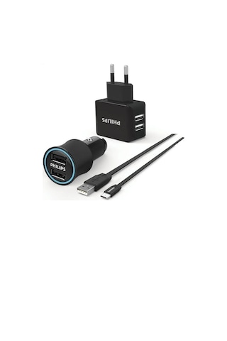 Philips Dlp2553em Araç İçi Şarj Cihazı & Duvar Şarj Cihazı & Micro Usb Kablo Birarada Combo Ürün