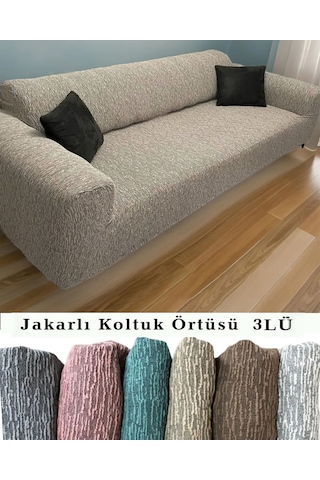 StarMall Jakarlı Çubuk Desen Koltuk Örtüsü Koltuk Kılıfı Lastikli Esnek Yıkanabilir 3Lü Bir Adet Vizon