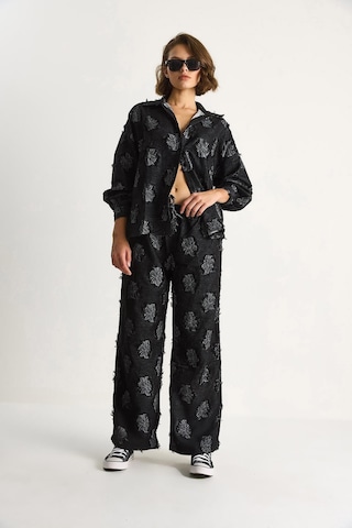 Shade Kadın Oversize Gömlek Beli Lastikli Pantolon Saçaklı Dokuma Alt-üst Takım 6024 60284107 - Siyah