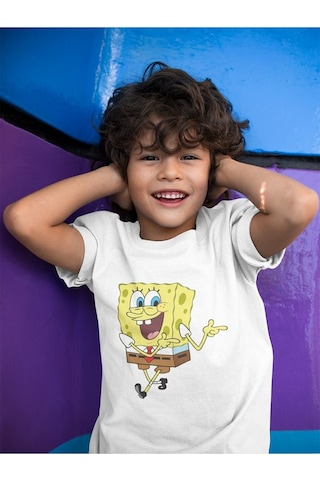 Sevbano Süngerbob Baskılı Unisex Çizgi Film Çocuk Tişört 1-12 Yaş Beyaz