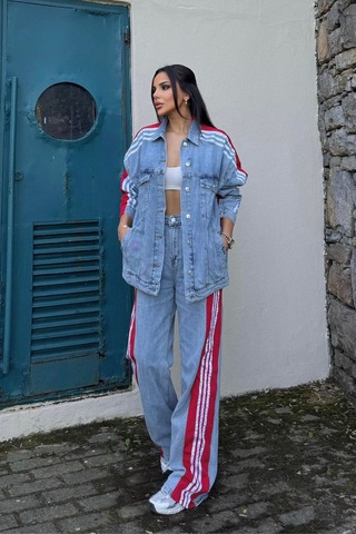 Kadın Kot Garnili Yanı Kırmızı Şeritli Palazzo Alt Üst Takım Çok Renkli