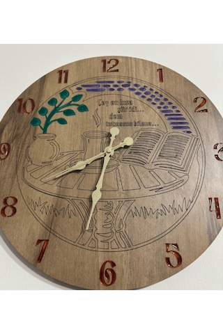 Ahşap Desen Duvar Saati - Çay Bir Şiir İdi - Epoksi Reçine Kaplamalı - 40 Cm Ahşap