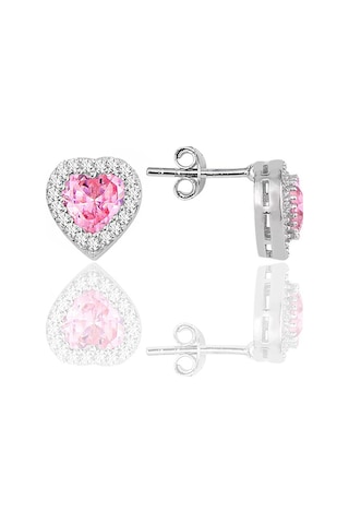 Gümüş Rodyumlu Pembe Taşlı Pırlanta Modeli Kalp İkili Set
